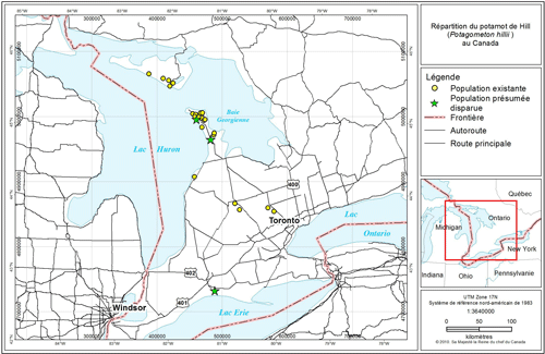 Carte de l'aire de répartition du potamot de Hill au Canada
