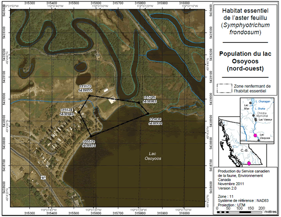 La figure A5 présente la région où est situé l’habitat essentiel de l’aster feuillu au nord ouest du lac Osoyoos, en Colombie-Britannique. Le polygone indique une région de 3,4 ha. Les caractéristiques anthropiques existantes à l’intérieur du polygone, y compris les routes et les résidences actives, ne sont pas identifiées comme des habitats essentiels. L’eau stagnante permanente n’est pas identifiée comme un habitat essentiel.