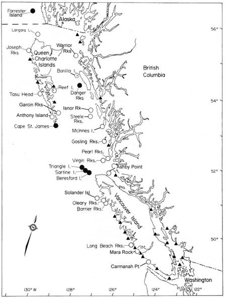 Figure 2. Geographic location of Steller Sea Lion rookeries (), year-round haulout sites () and major winter haulout sites (▲) in British Columbia. Also indicated is the major rookery on Forrester Island, Alaska.  Updated from Bigg (1985) (DFO unpublished data).  