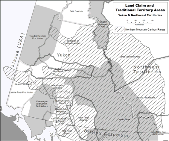 Figure 2 shows First Nation land claim and traditional territory areas in the range of the Northern Mountain population of Woodland Caribou in Yukon and the Northwest Territories.