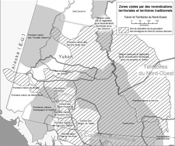 La figure 2 montre les zones faisant l'objet de revendications territoriales par les Premières Nations et les territoires traditionnels à l'intérieur de l'aire de répartition de la population des montagnes du Nord du caribou des bois au Yukon et dans les Territoires du Nord-Ouest.