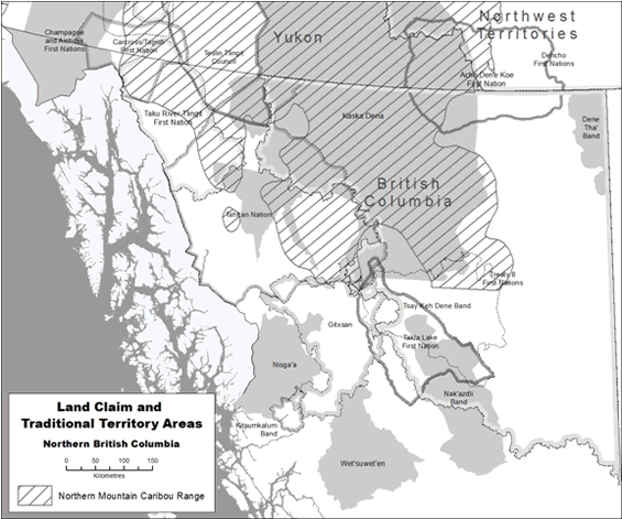 Figure 3 shows First Nation land claim and traditional territory areas in the range of the Northern Mountain population of Woodland Caribou in British Columbia.