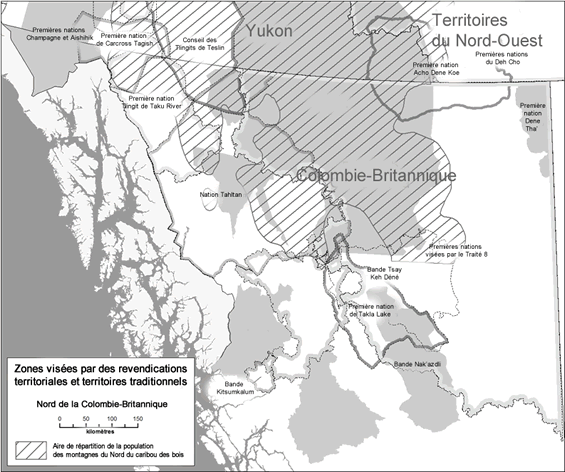 La figure 3 montre les zones faisant l'objet de revendications territoriales par les Premières Nations et les territoires traditionnels à l'intérieur de l'aire de répartition de la population des montagnes du Nord du caribou des bois en Colombie-Britannique.