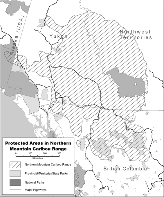 Figure 4 shows protected areas within the range of the Northern Mountain population of Woodland Caribou.  There are large protected areas in the Northwest Territories, Yukon and British Columbia.