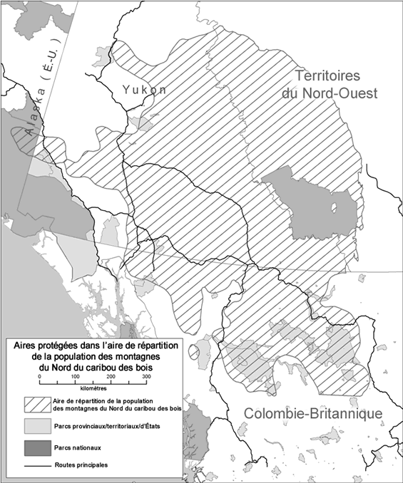 La figure 4 montre les aires protégées au sein de l'aire de répartition de la population des montagnes du Nord du caribou des bois. De grandes aires protégées se trouvent dans les Territoires du Nord-Ouest, au Yukon et en Colombie-Britannique.
