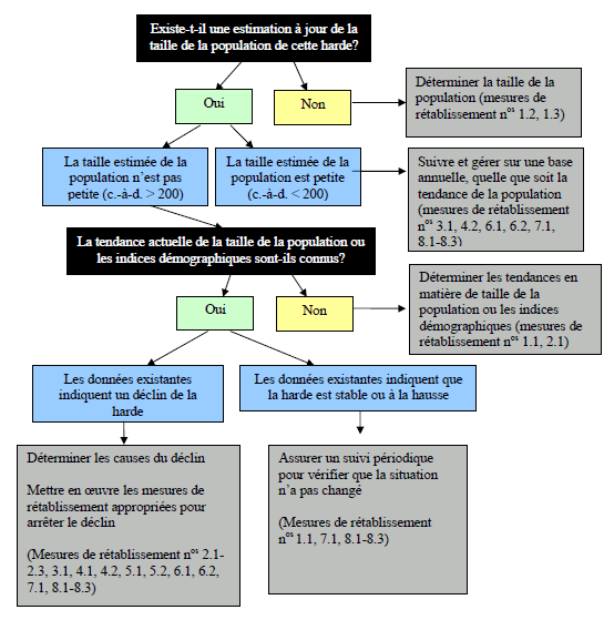 La figure 5 montre un arbre décisionnel servant à déterminer les mesures de rétablissement à prendre selon divers scénarios (p. ex. petites hardes et tendances démographiques).