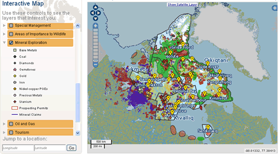 Carte : Activités d’exploration minière et localisation par rapport à la zone de présence probable d’ours polaires dans le Nunavut