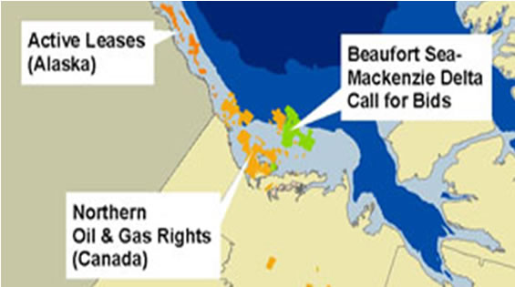 Carte : Figure 7 présente la superficie occupée par les sites d’exploration gazière et pétrolière dans la mer de Beaufort (droits d’exploration octroyés jusqu’en 2006) et les appels d’offres pour la mise en place de projets d’exploration pétrolière et gazière. 