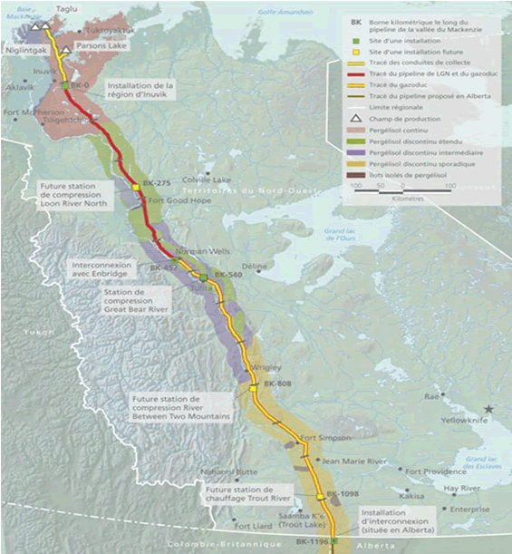 Carte : Figure 8 présente le tracé du gazoduc Mackenzie, dont seulement la partie la plus au nord est située à l’intérieur de la zone de présence probable d’ours polaires. 