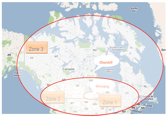 Map: The three zones identified for visitors from Canada who travelled to Churchill