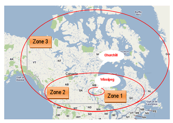 Carte : Figure 13  Les trois zones identifiées pour les visiteurs à Churchill en provenance du Canada